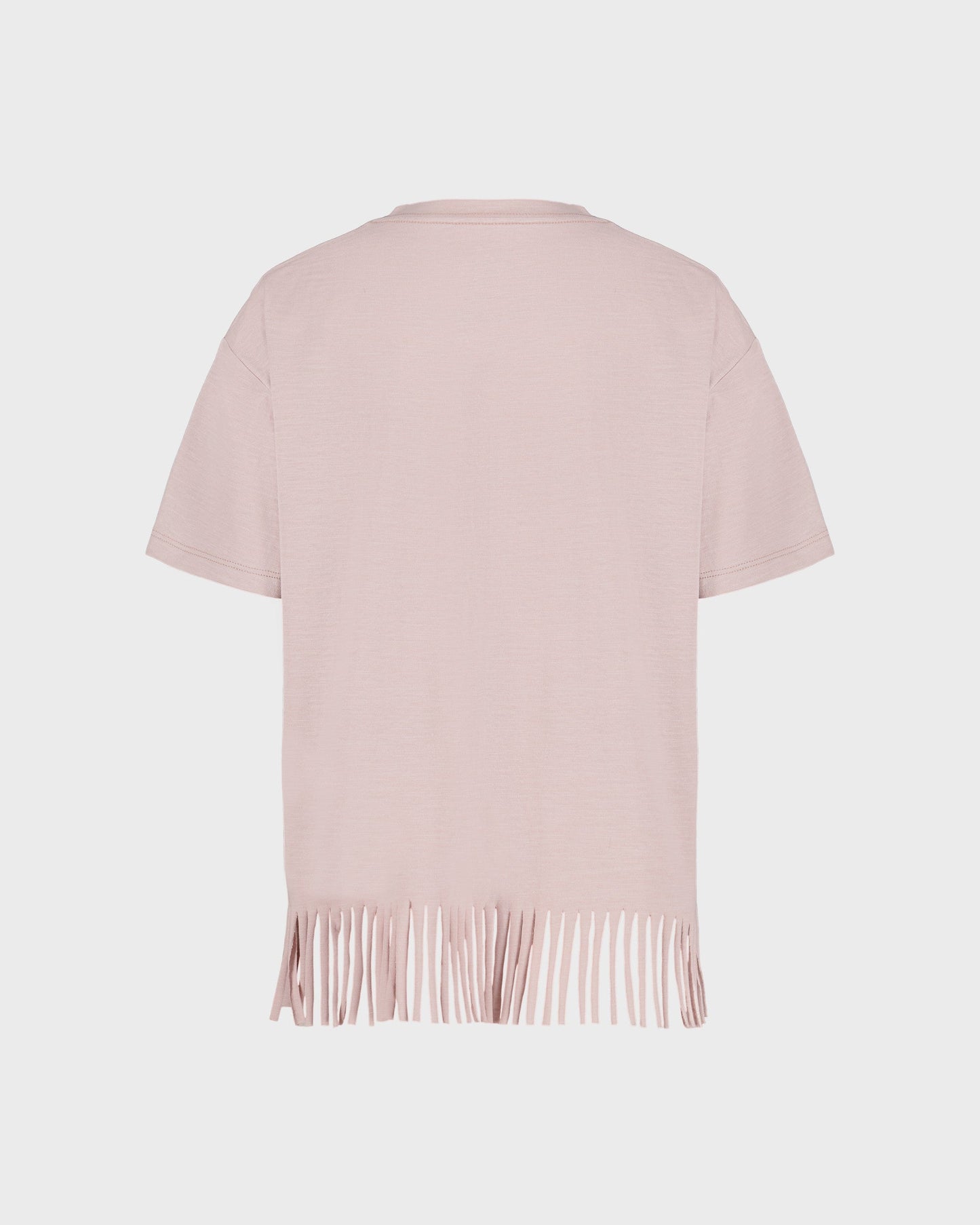 Light pink short-sleeve top with fringe details on a light gray background