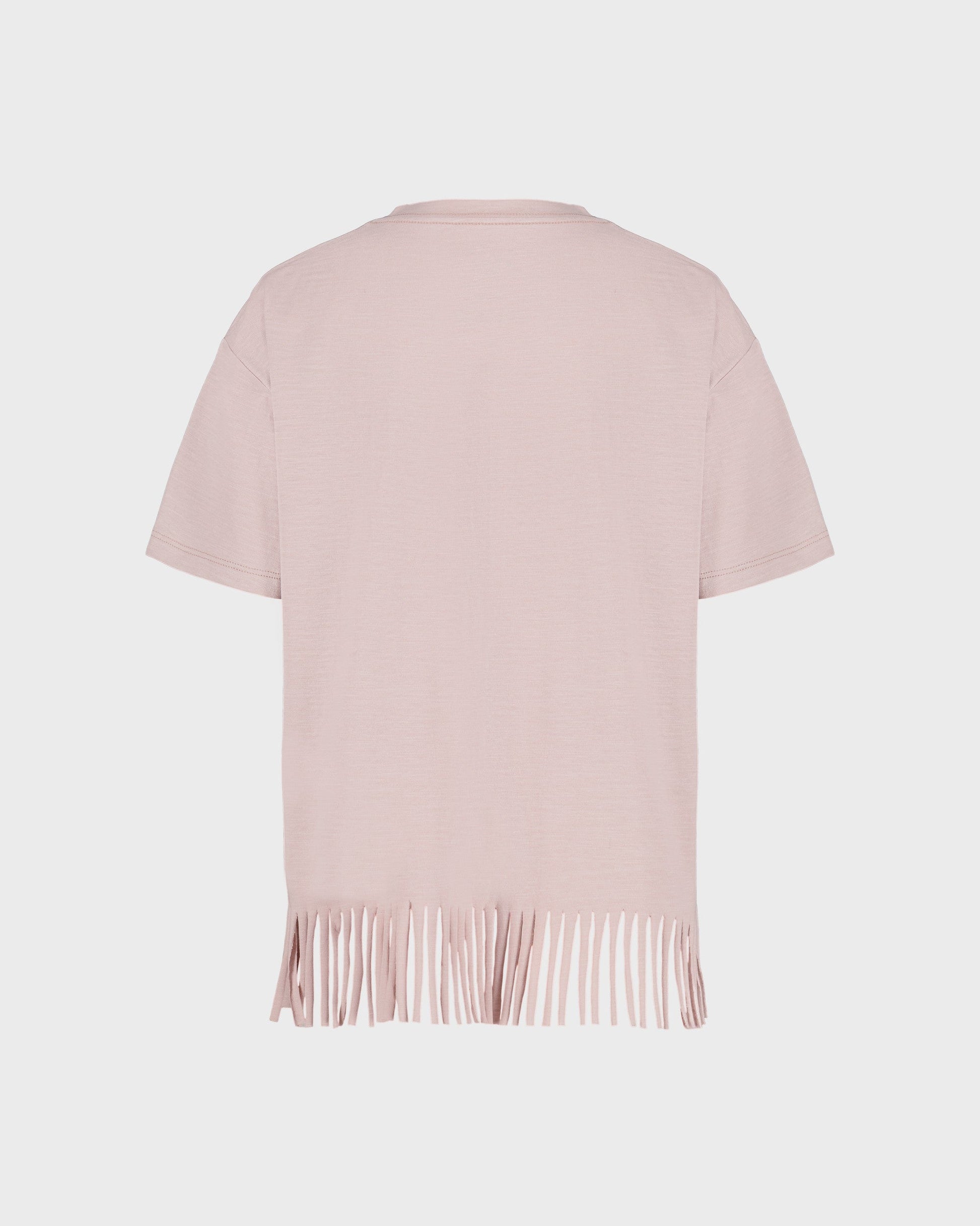Light pink short-sleeve top with fringe details on a light gray background
