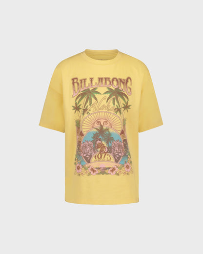 Yellow t-shirt with a colorful graphic design on a light gray background