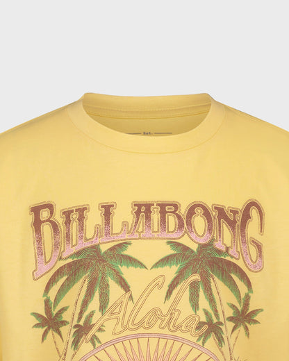 Yellow t-shirt with Billabong and Aloha graphics on a light gray background