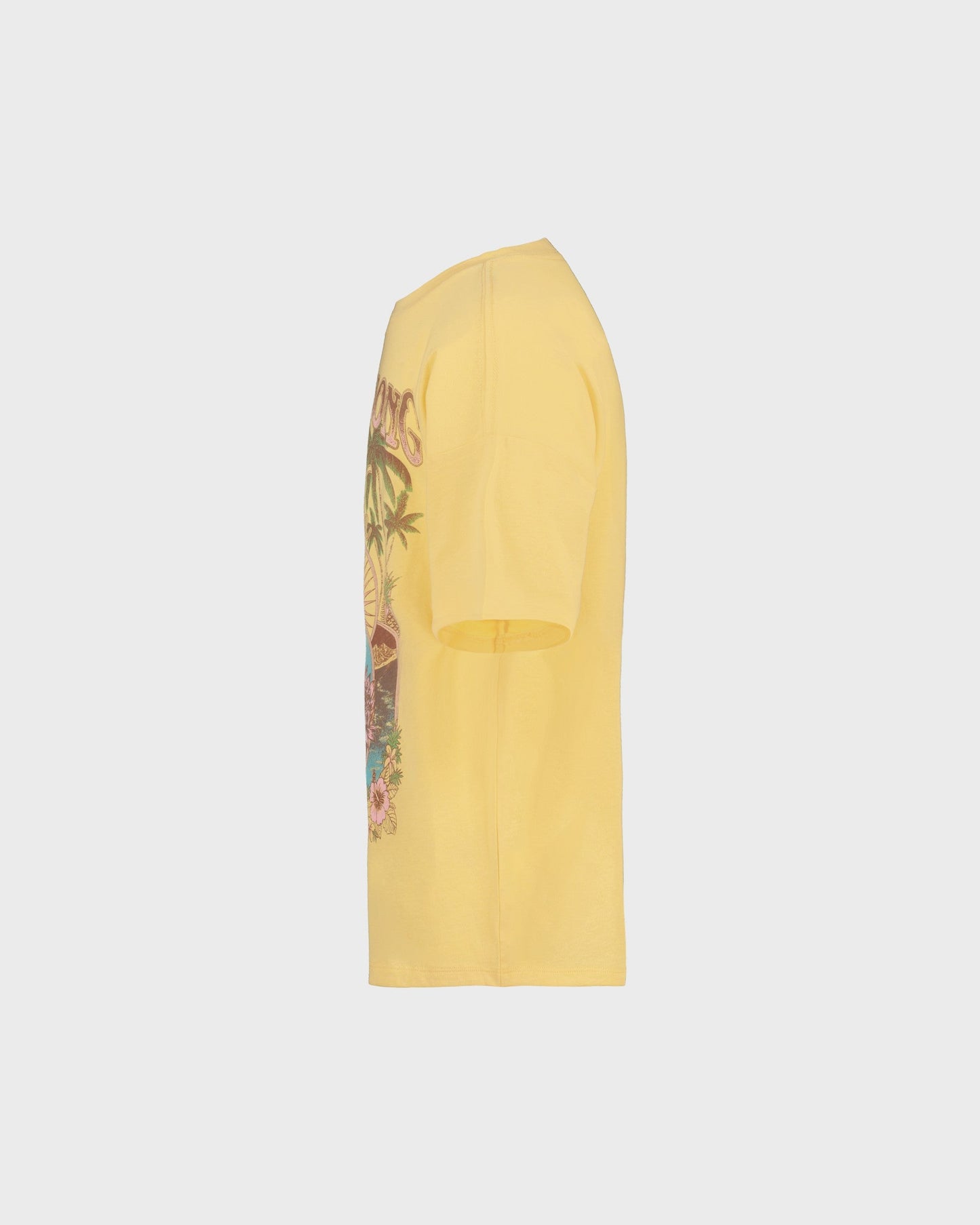 Yellow sweatshirt with a colorful graphic on the sleeve against a light gray background