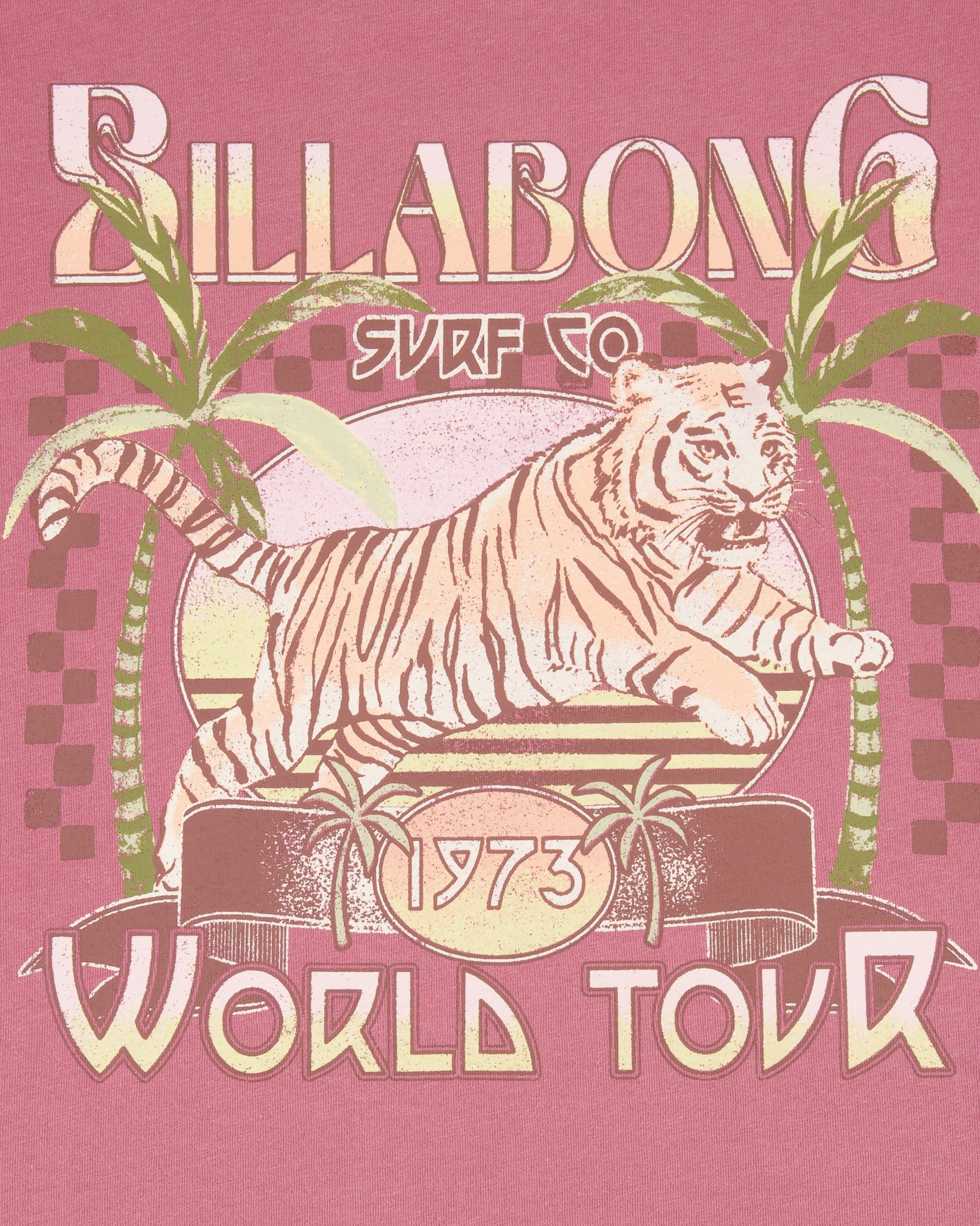 Billabong surf co tiger world tour design on a pink background