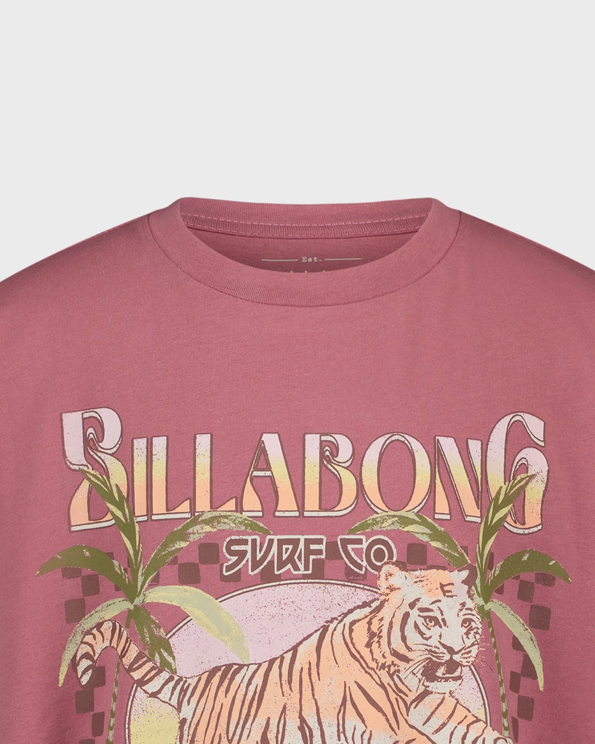 Pink t-shirt with Billabong logo and tiger design on a light gray background