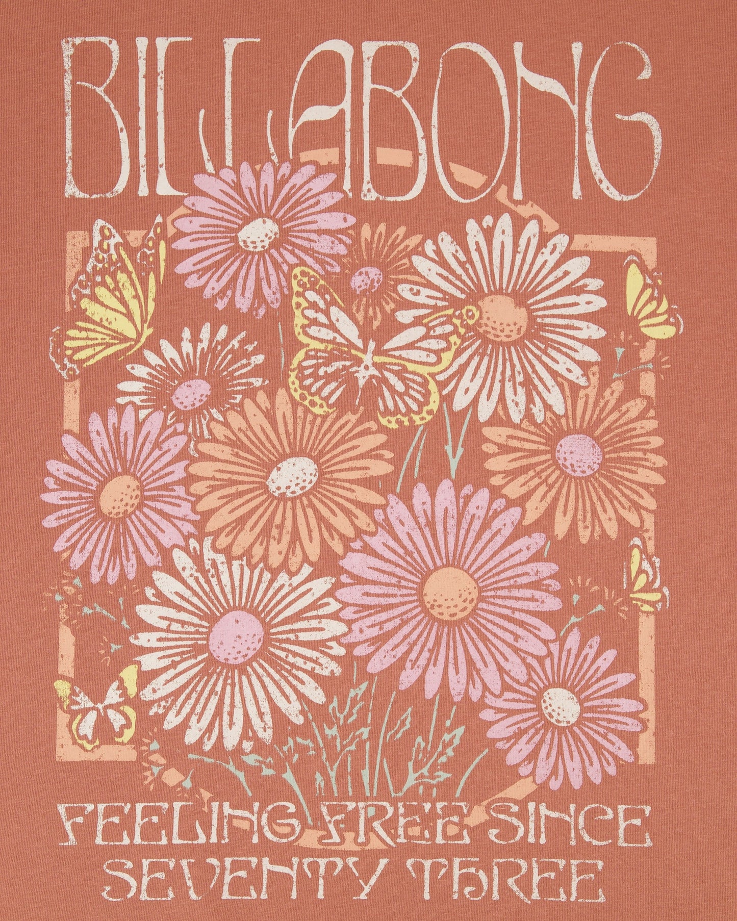 Billabong logo with floral design and text on a brown background