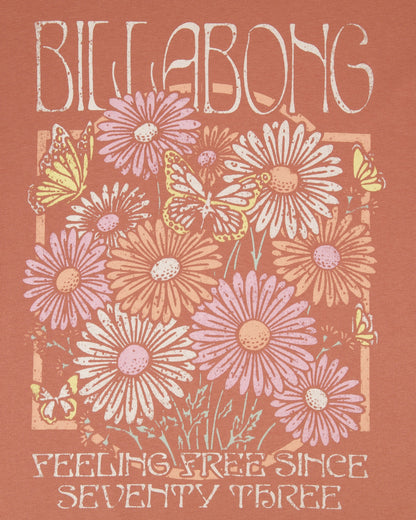 Billabong logo with floral design and text on a brown background