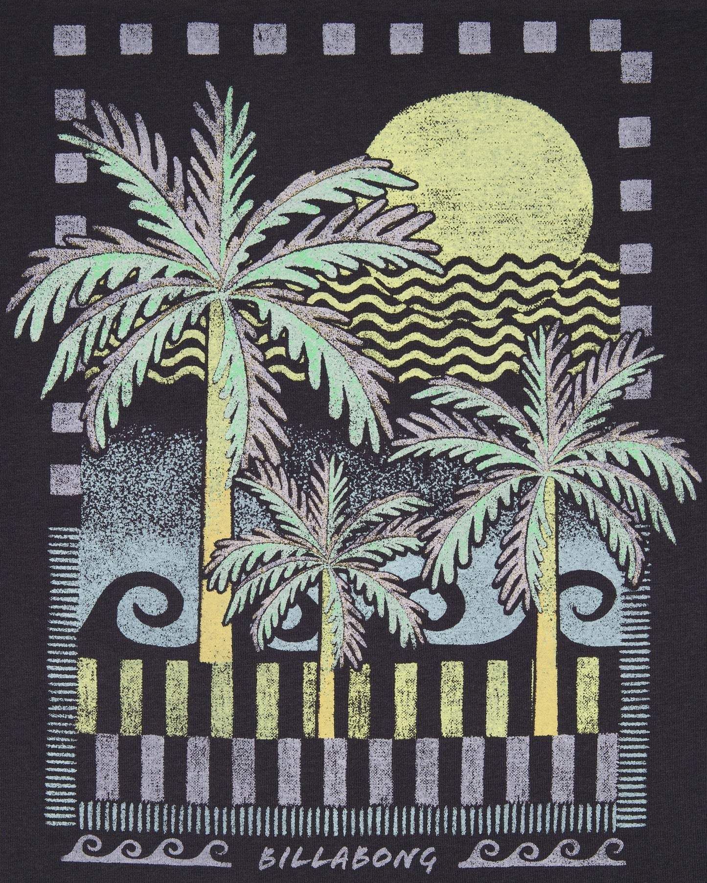 Tropical design with palm trees and sun on a black background, featuring the Billabong logo.