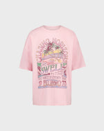 Pink t-shirt with colorful graphic design on a light gray background