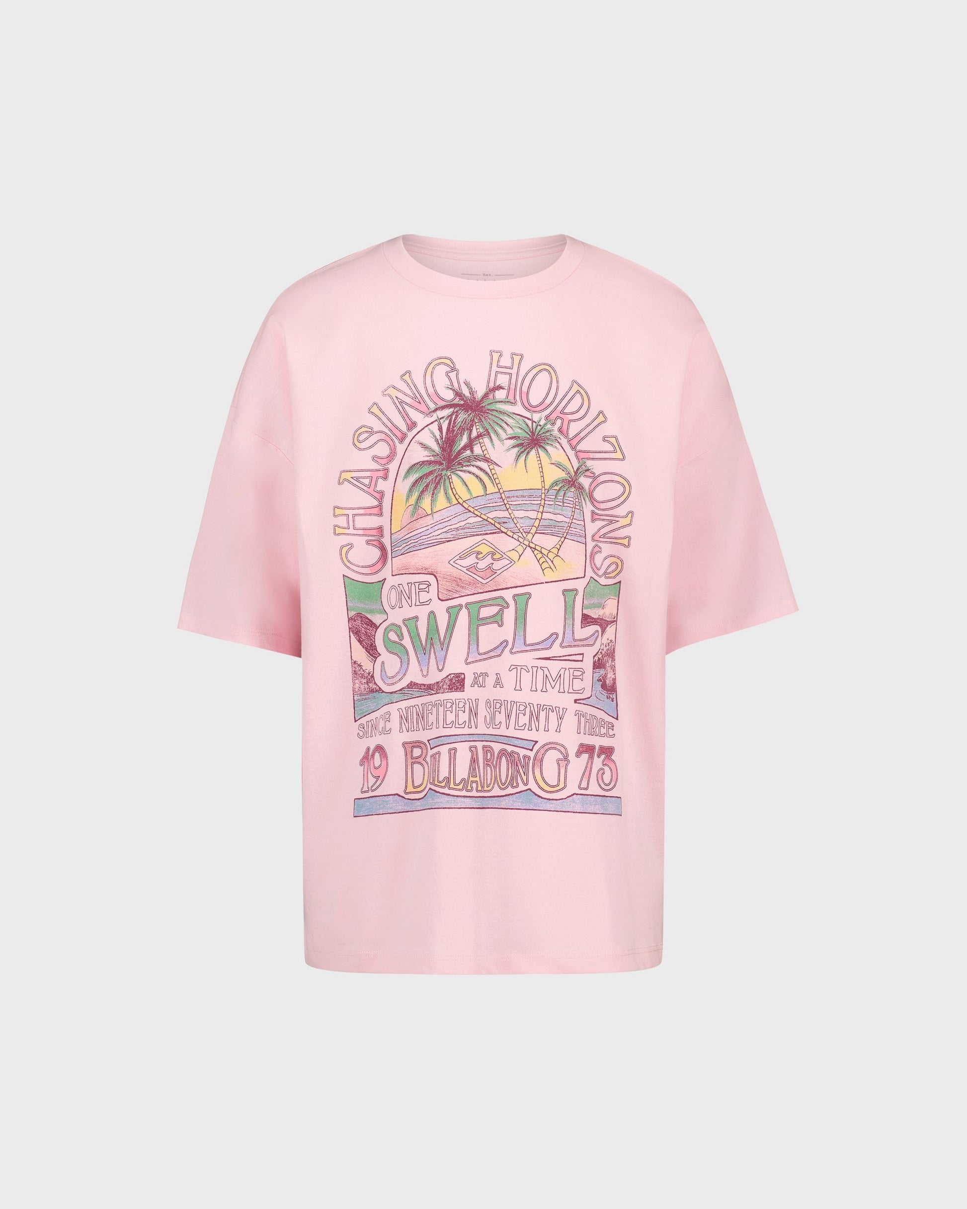 Pink t-shirt with colorful graphic design on a light gray background