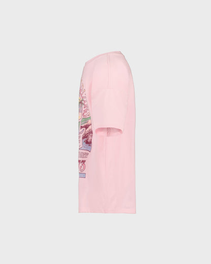 Pink sleeveless top with graphic design on a light gray background