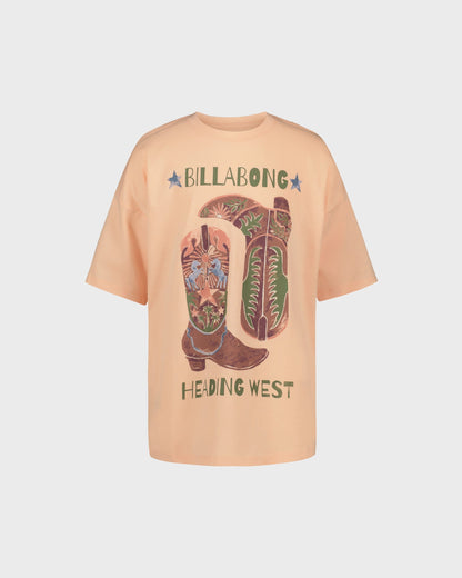 Beige t-shirt with colorful cowboy boot graphic and 'Billabong Heading West' text on a light gray background