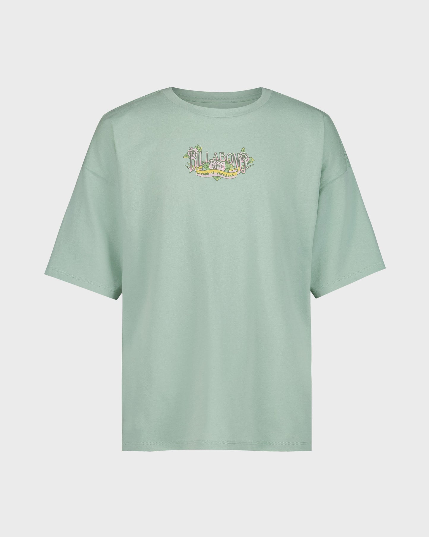 Light green t-shirt with a small logo on a white background