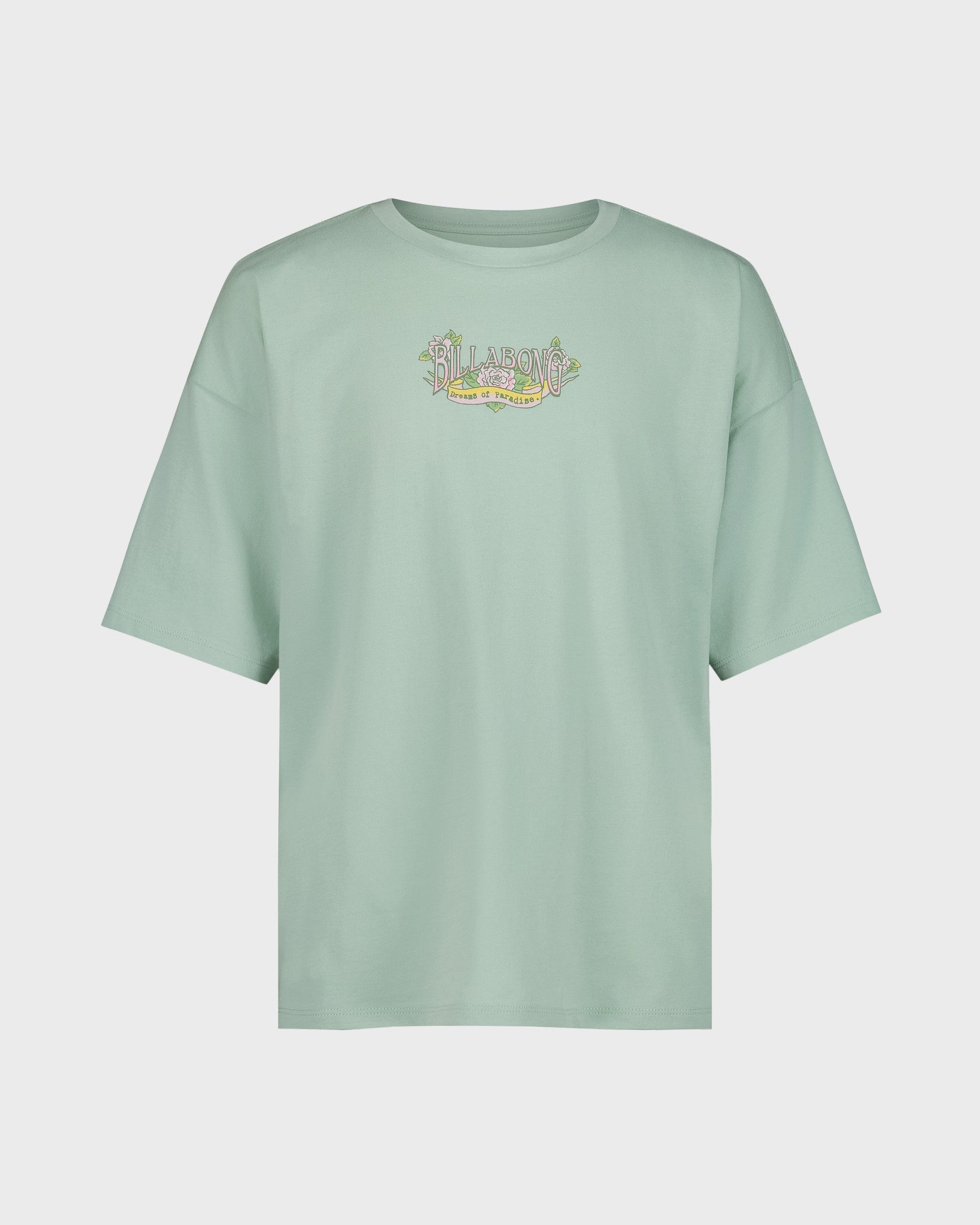 Light green t-shirt with a small logo on a white background