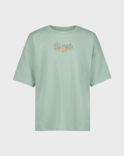 Light green t-shirt with a small logo on a white background