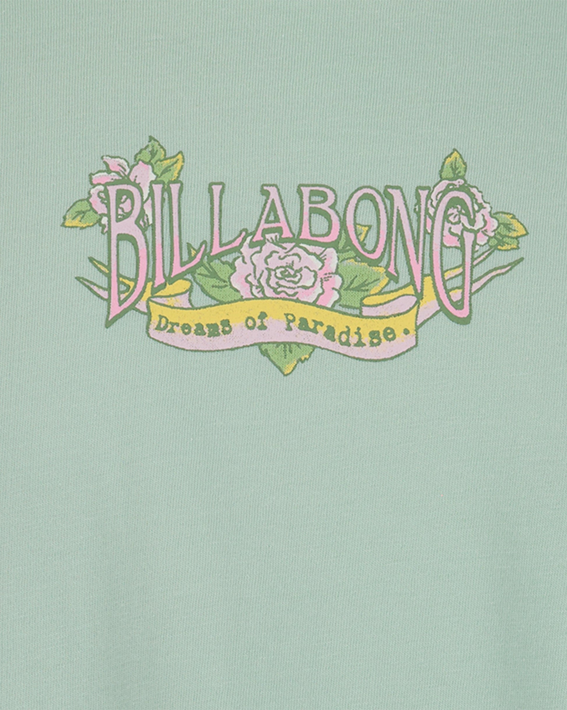 Billabong logo with floral elements on a light green background