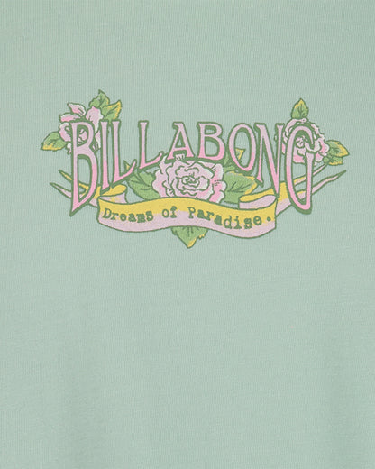 Billabong logo with floral elements on a light green background
