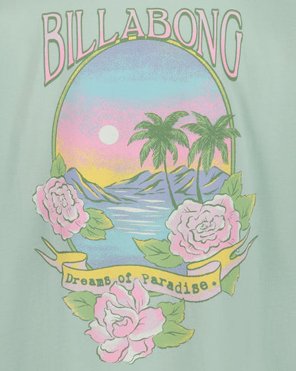 Billabong logo with a tropical design featuring palm trees and flowers on a light green background.