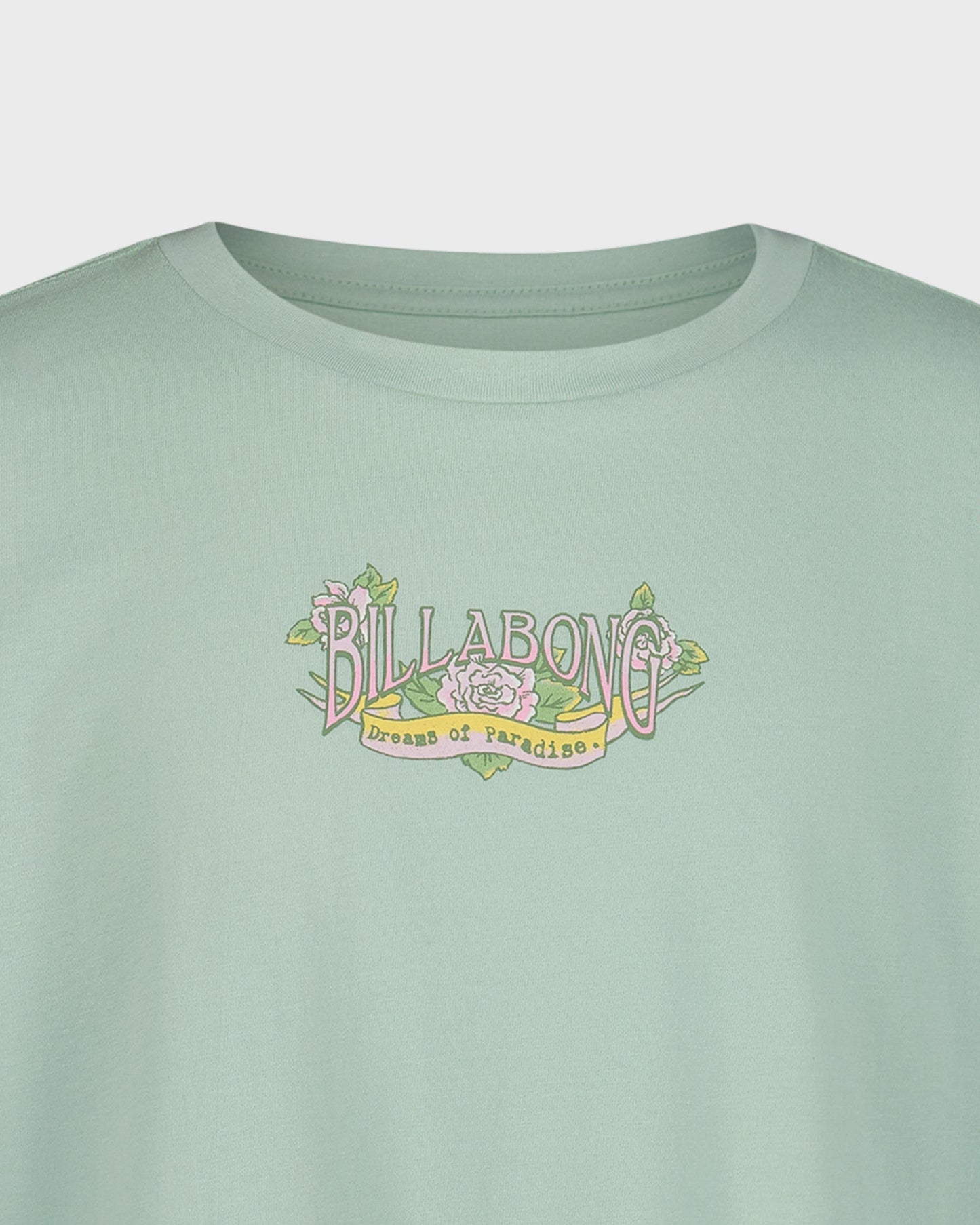 Light green t-shirt with Billabong logo and text on a white background