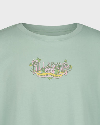Light green t-shirt with Billabong logo and text on a white background