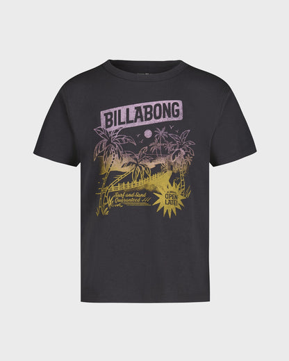 Black t-shirt with Billabong logo and palm tree design on a white background