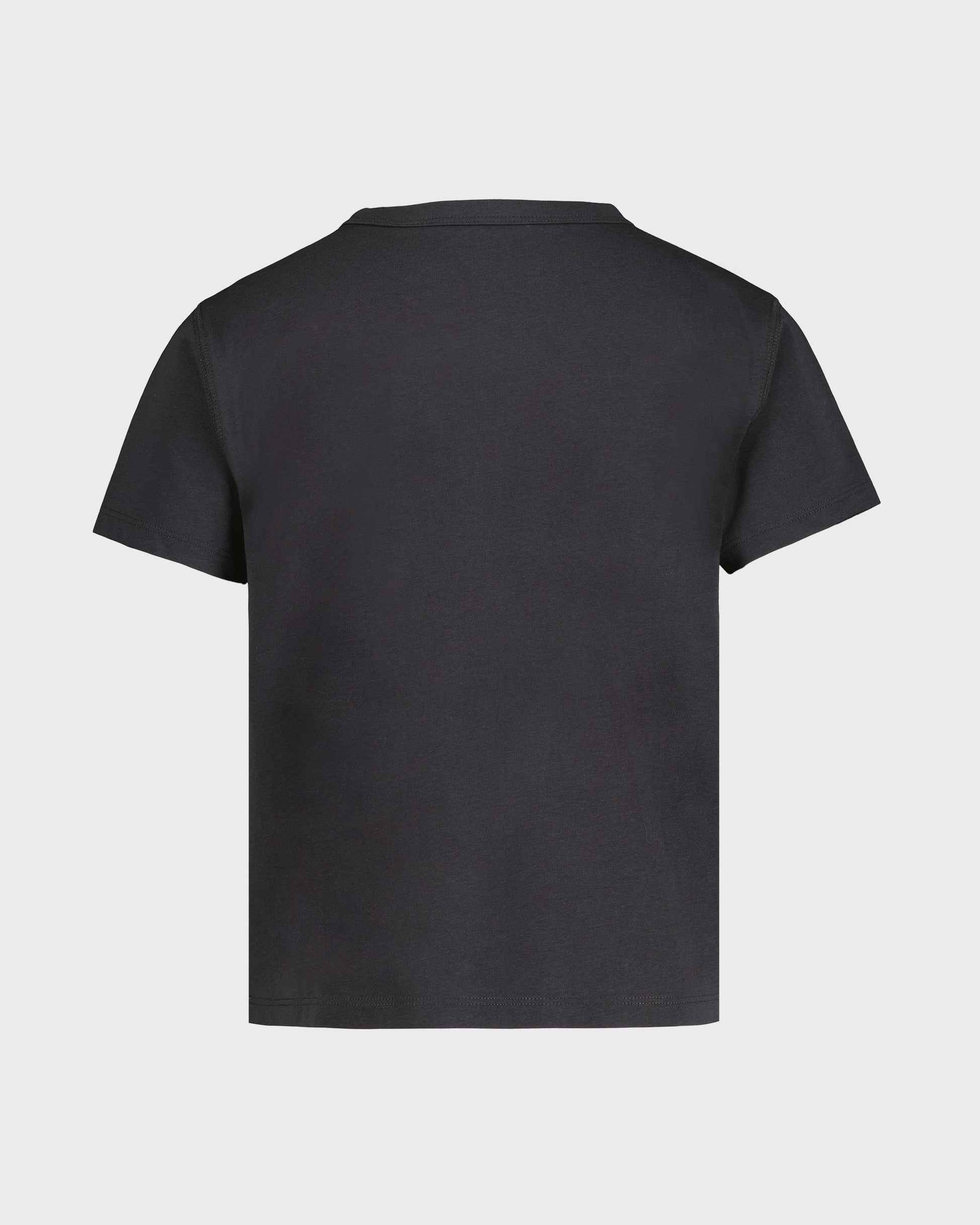Black t-shirt with Porsche car graphics on a white background