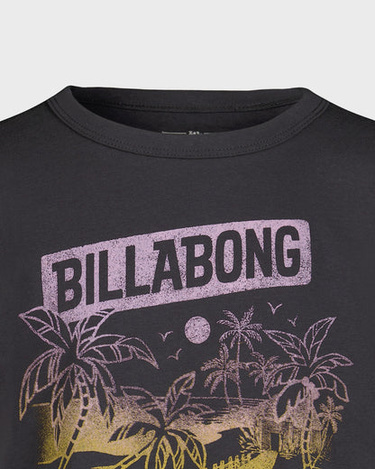 Black t-shirt with Billabong logo and palm tree design on a light gray background