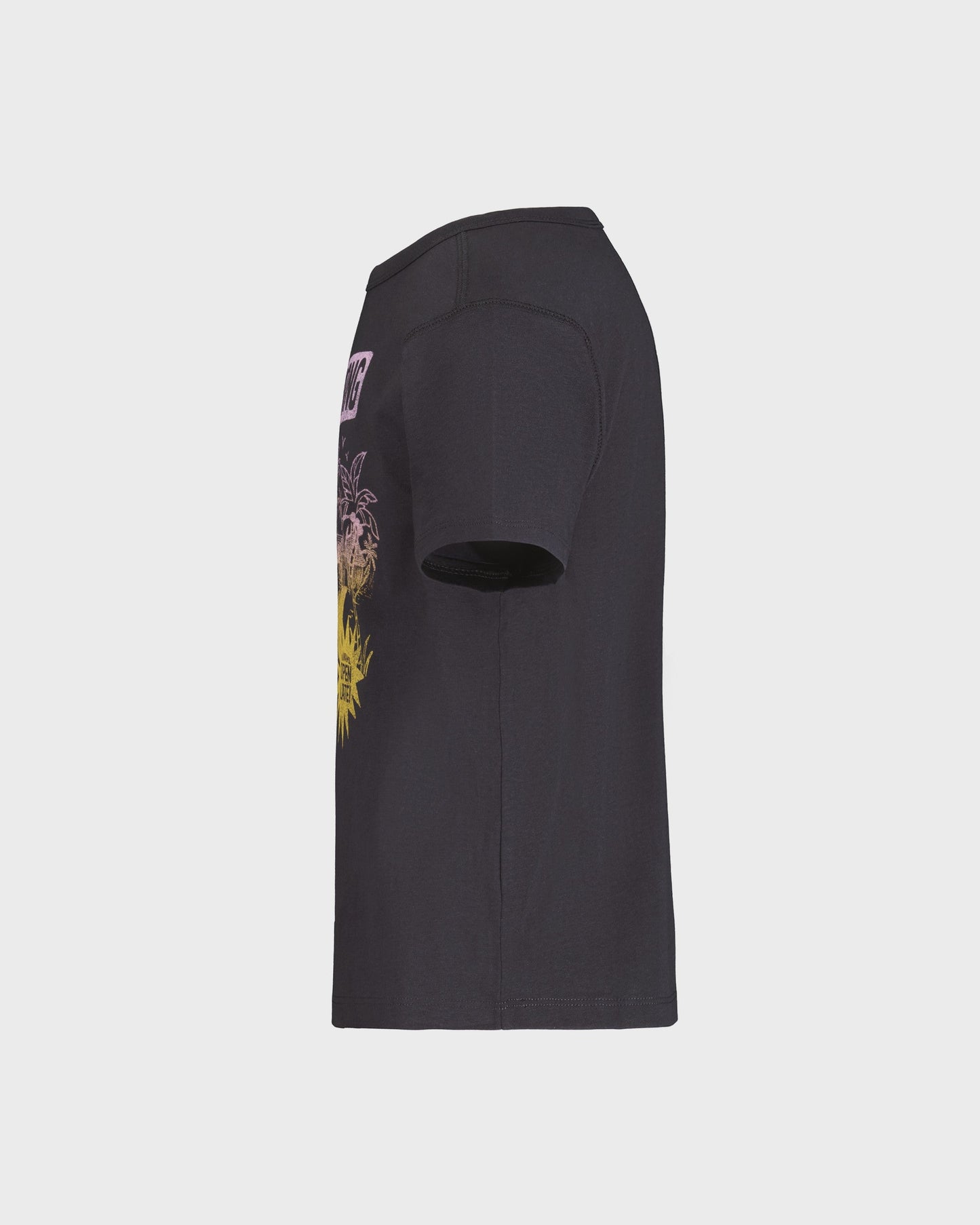 Black t-shirt with floral design on sleeve against a light gray background