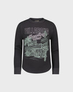 Black long-sleeve shirt with graphic design on a light gray background