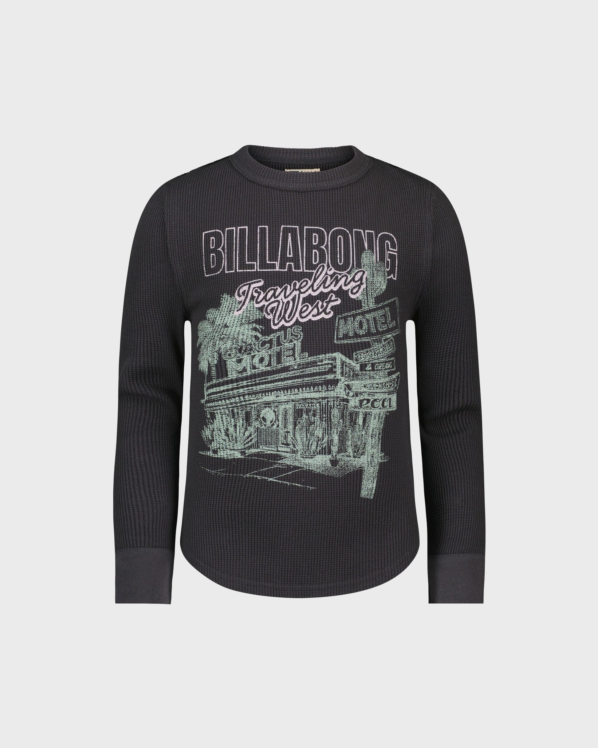 Black long-sleeve shirt with graphic design on a light gray background