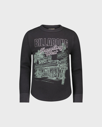 Black long-sleeve shirt with graphic design on a light gray background