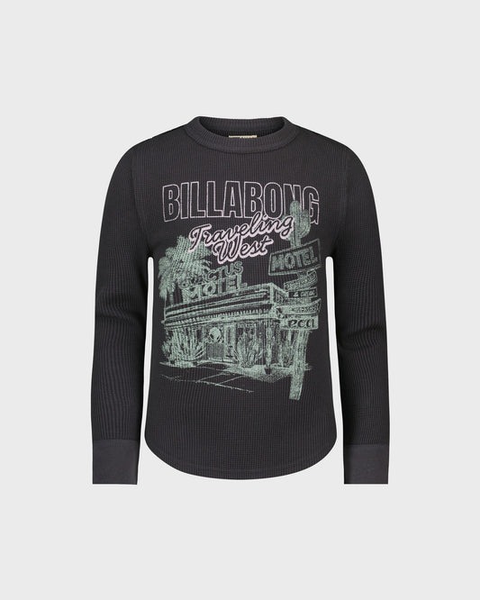 Black long-sleeve shirt with graphic design on a light gray background