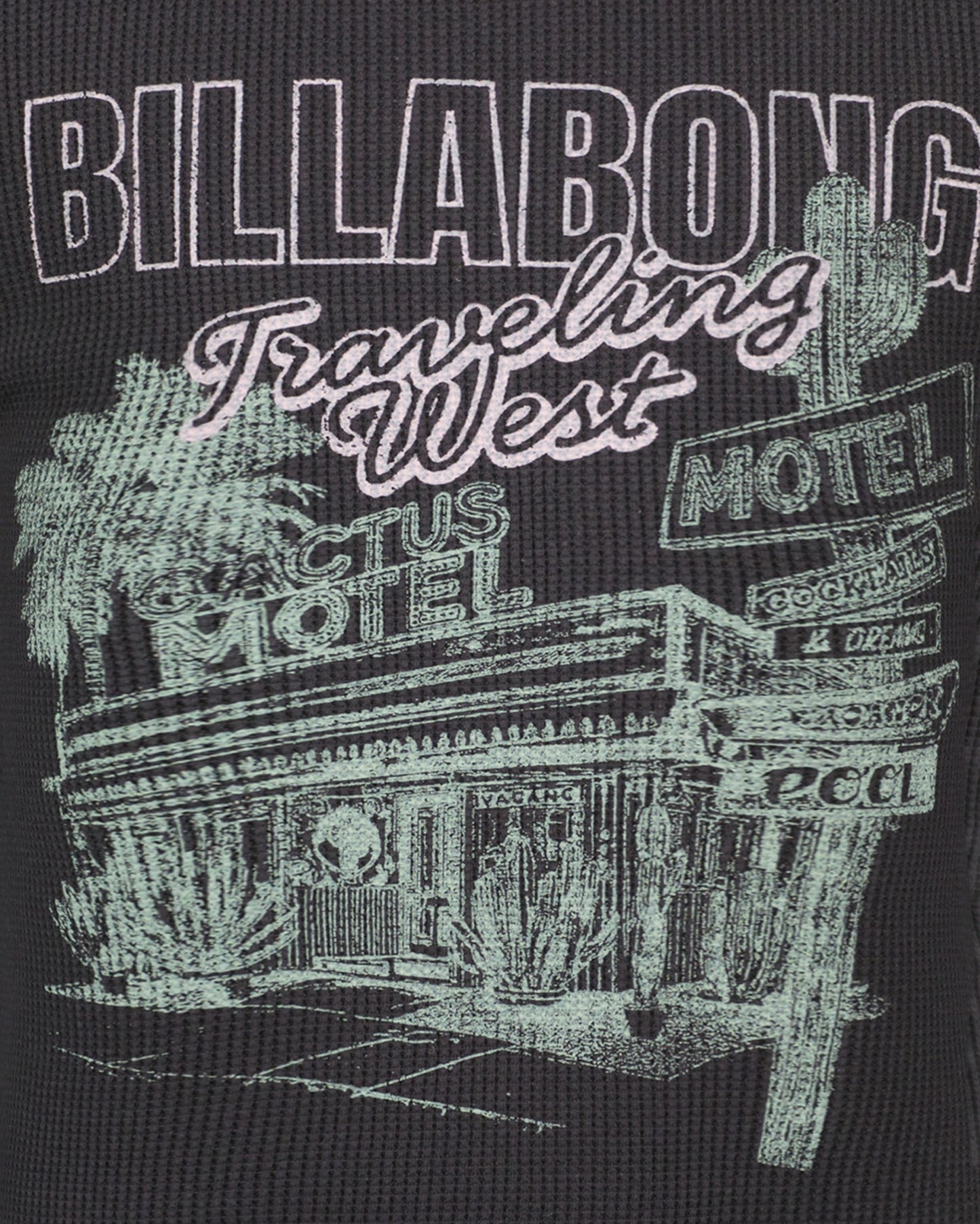 Billabong logo with a desert motel illustration on a black background