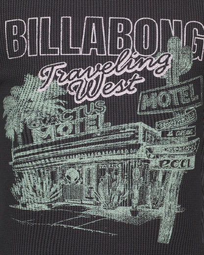 Billabong logo with a desert motel illustration on a black background