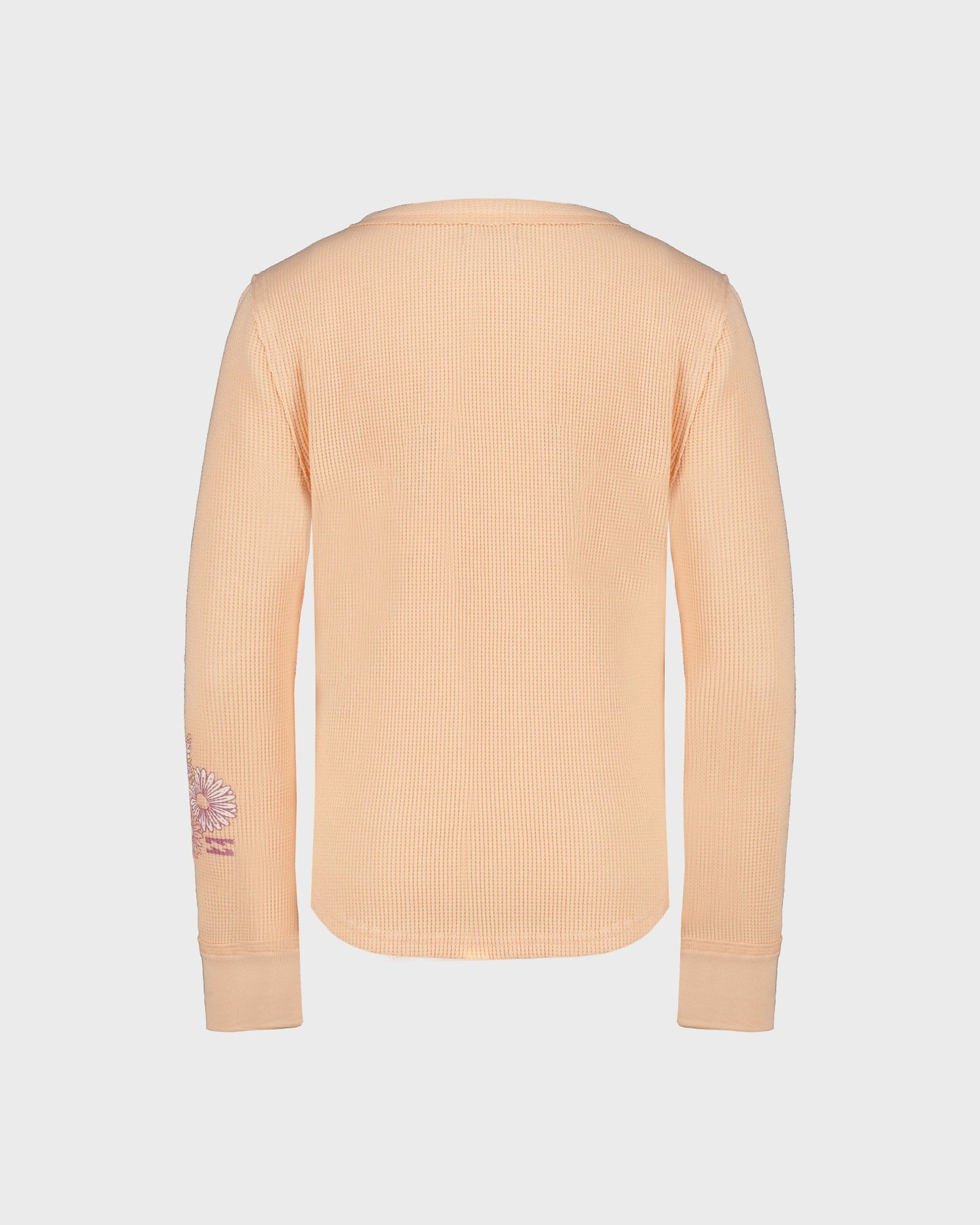 Beige ribbed sweater with a small logo on the sleeve against a light gray background