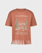 Brown t-shirt with fringes and Billabong logo on a white background