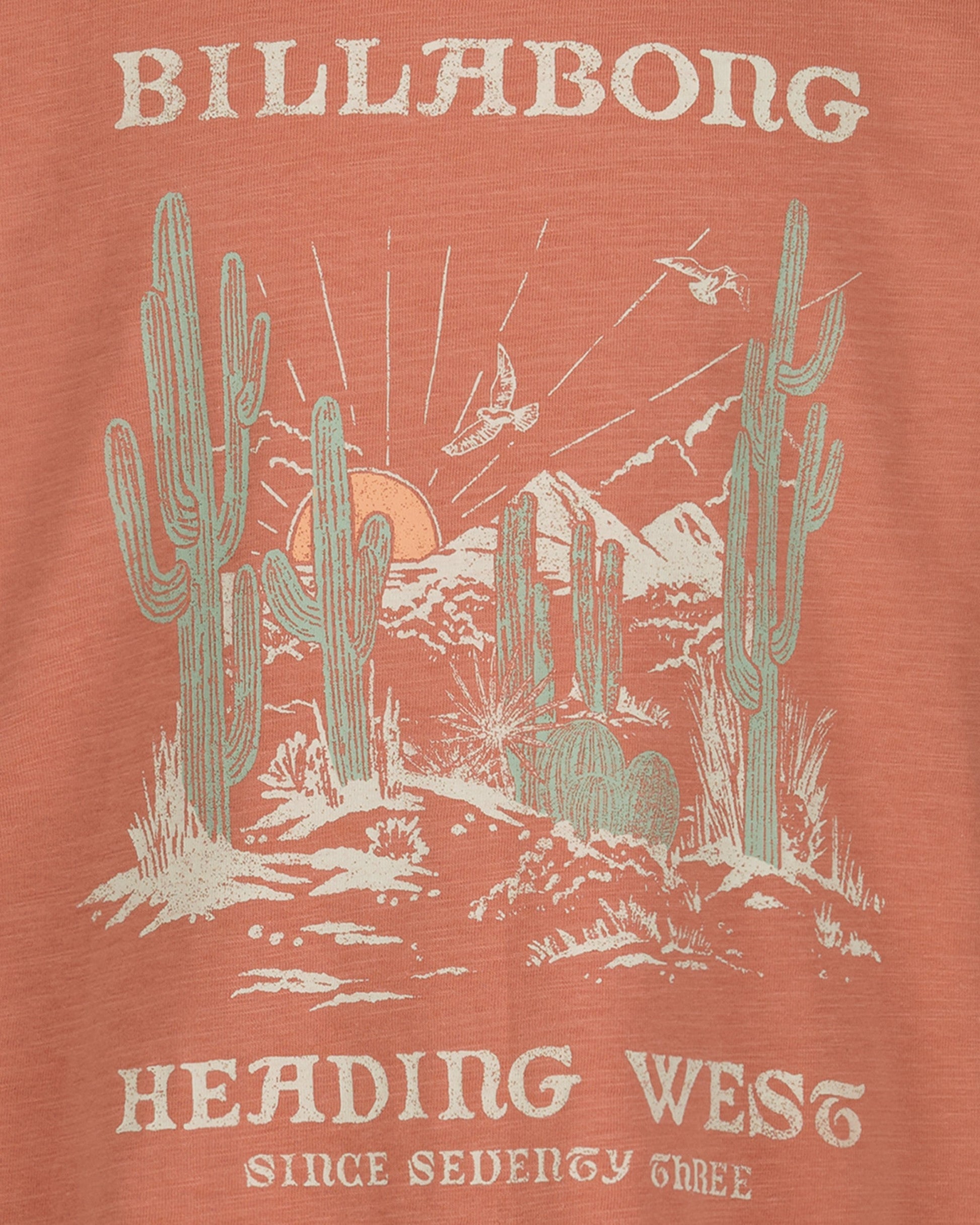 T-shirt with desert scene and cacti design on a red background, featuring the Billabong brand.