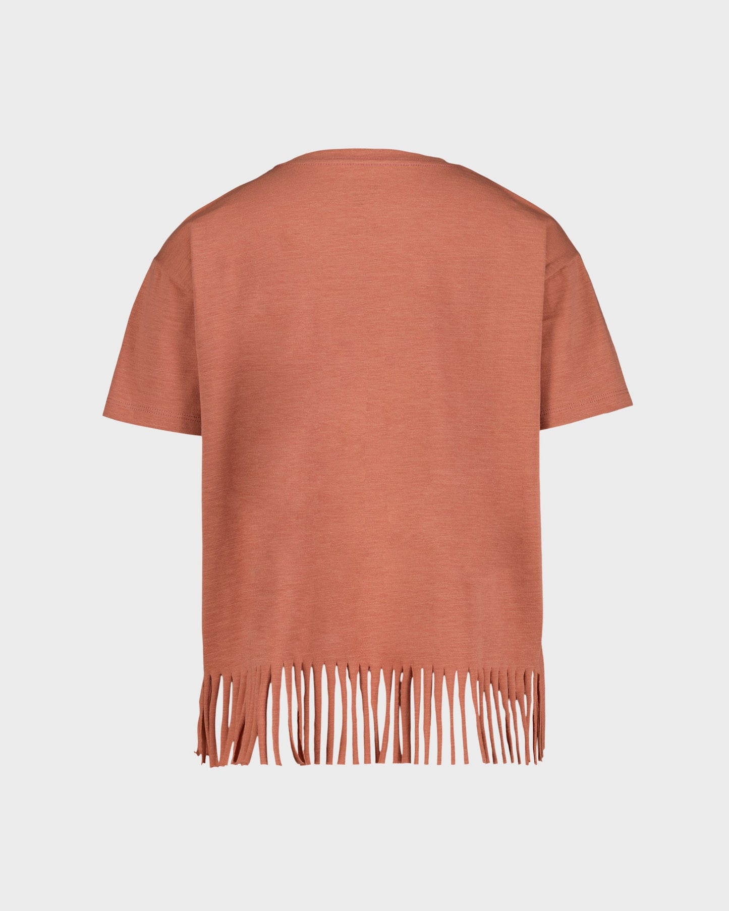 Brown fringed top on a light gray background