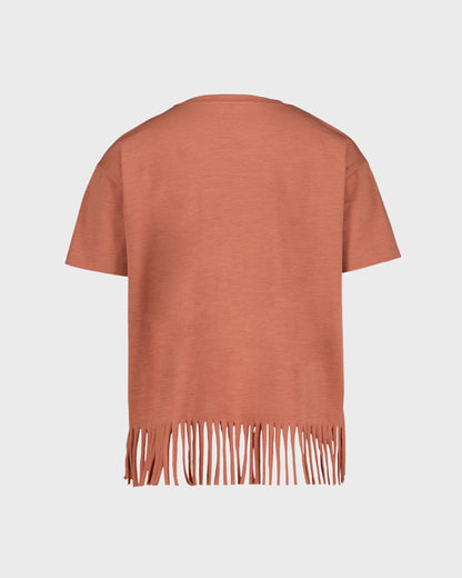 Brown fringed top on a light gray background