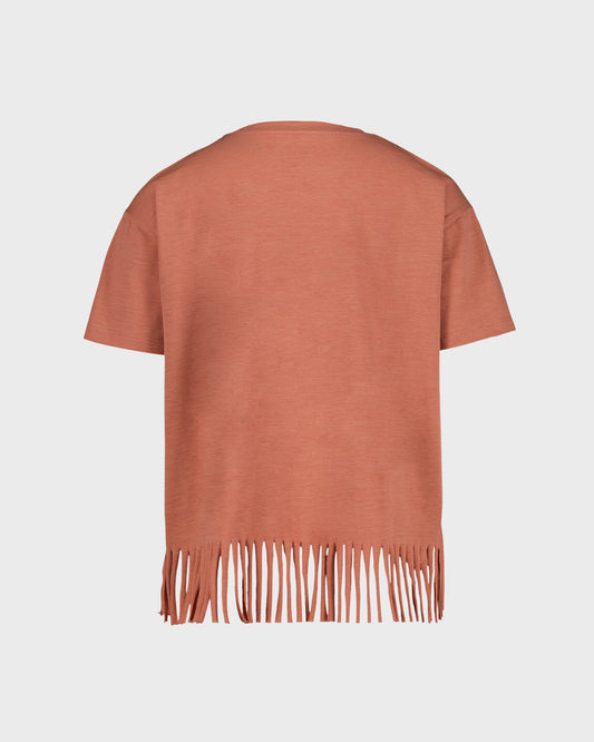 Brown fringed top on a light gray background