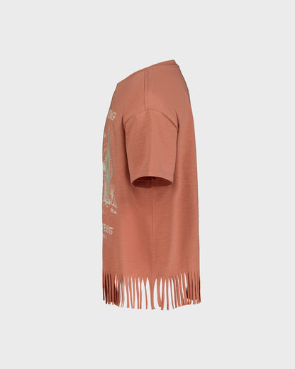 Brown fringed garment on a light gray background