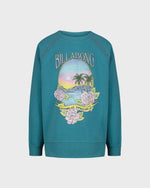Teal sweatshirt with Billabong logo and tropical design on a light gray background