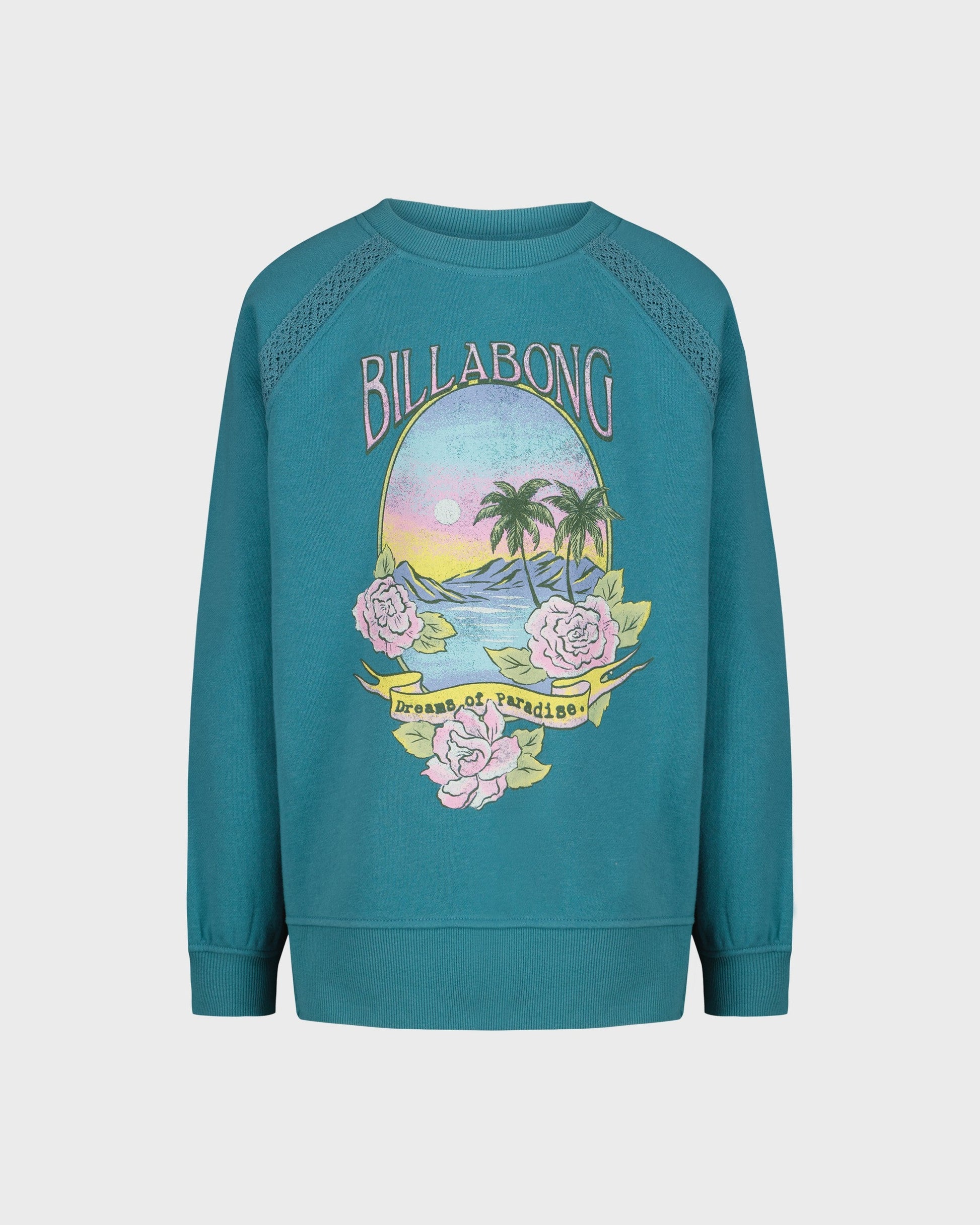 Teal sweatshirt with Billabong logo and tropical design on a light gray background