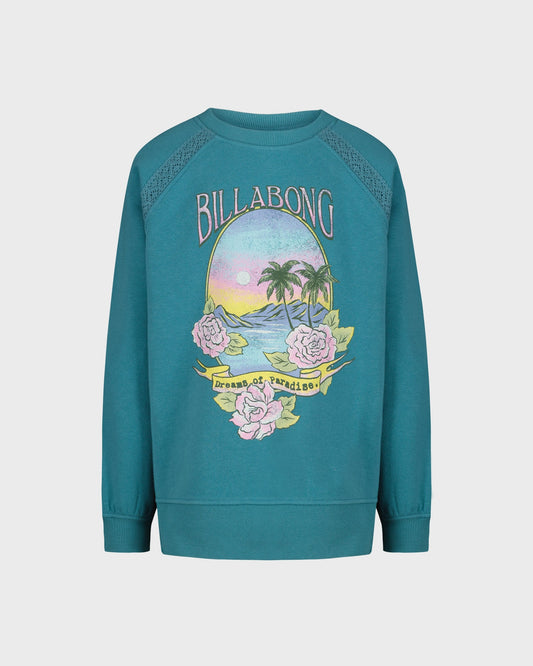 Teal sweatshirt with Billabong logo and tropical design on a light gray background