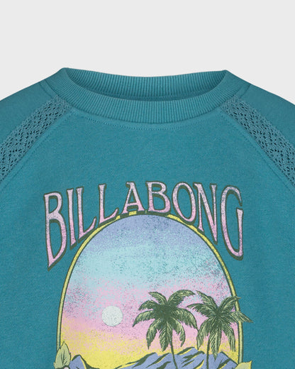 Teal sweatshirt with Billabong logo and palm tree design on a white background