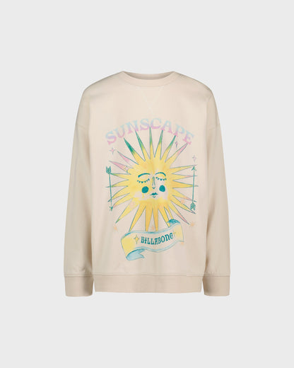Beige sweatshirt with a colorful sun graphic and 'Billabong' branding on a white background