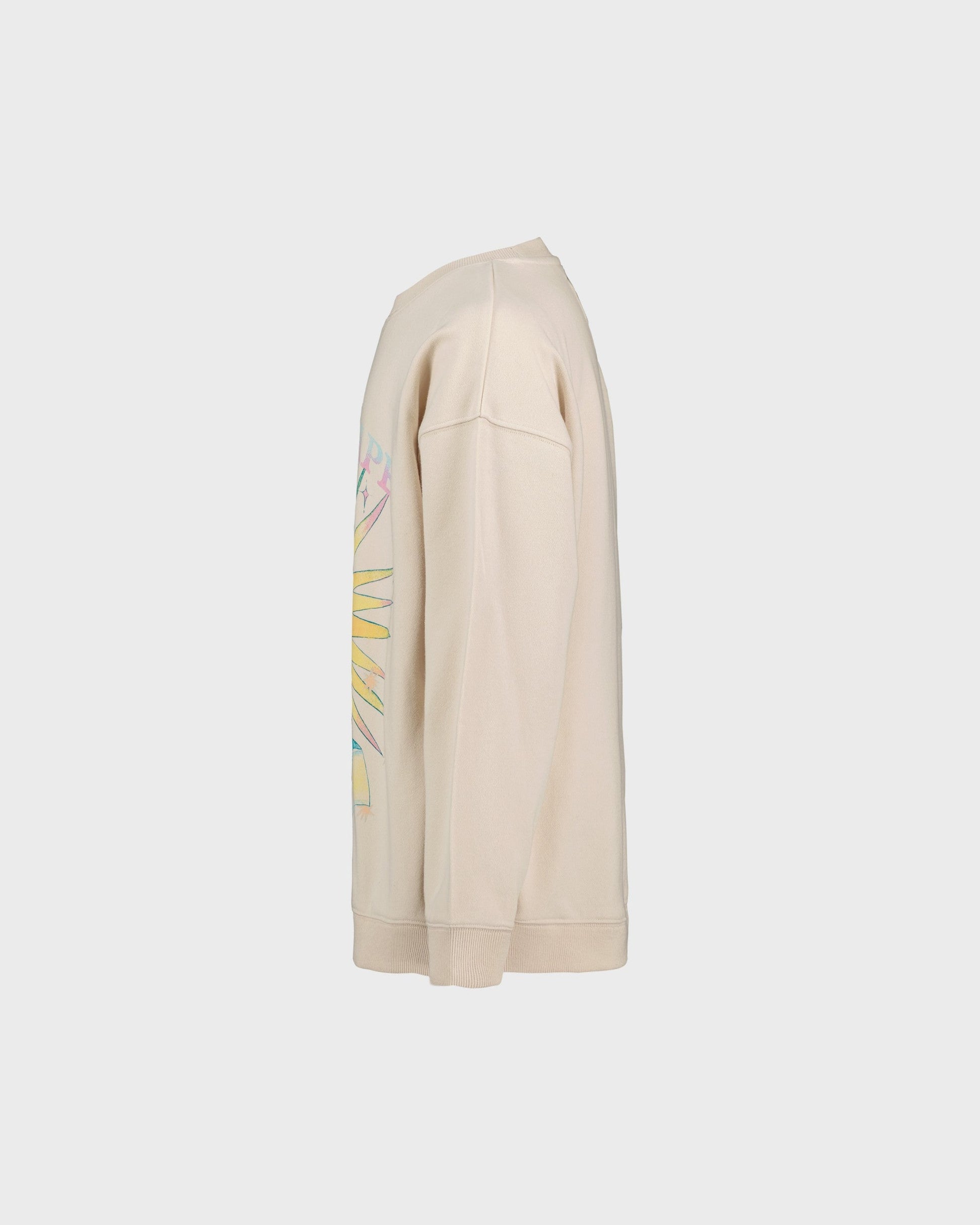 Beige sweatshirt with colorful graphic on a light gray background