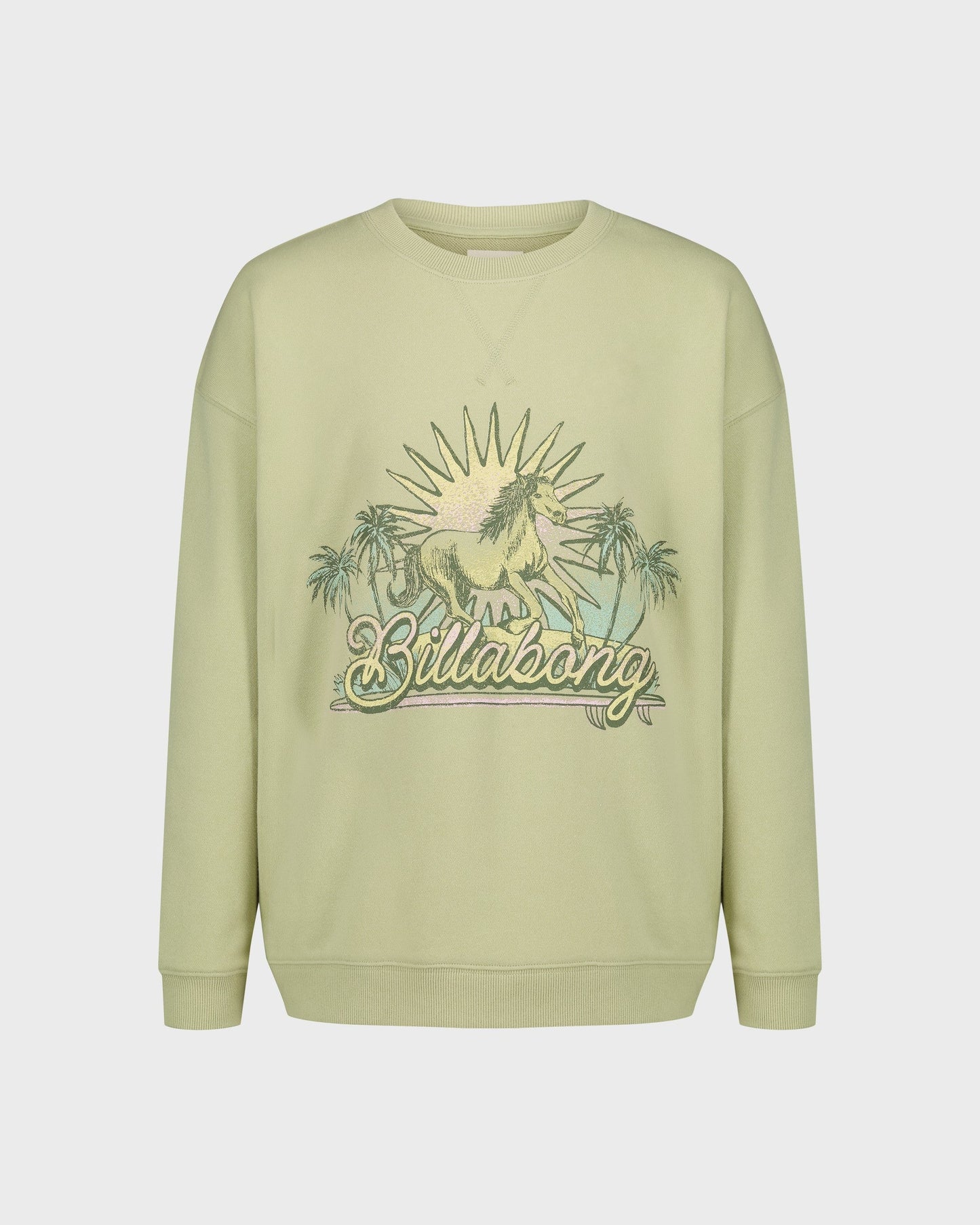 Light green sweatshirt with 'Billabong' logo and palm tree design on a white background