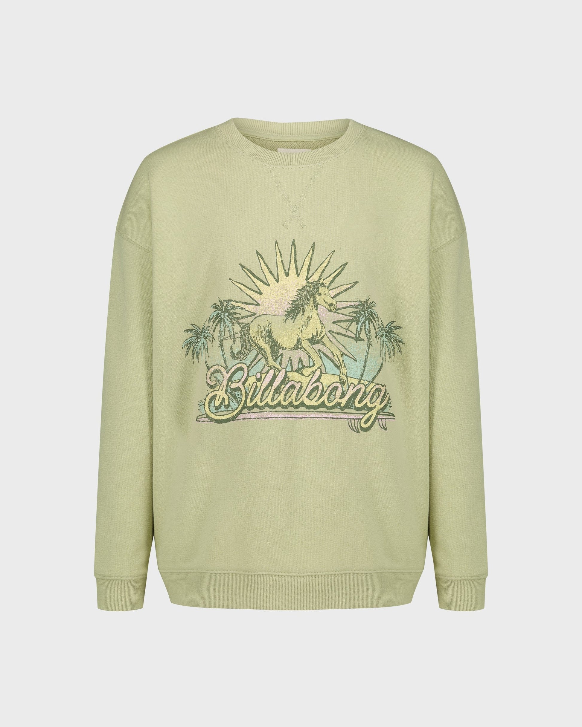 Light green sweatshirt with 'Billabong' logo and palm tree design on a white background