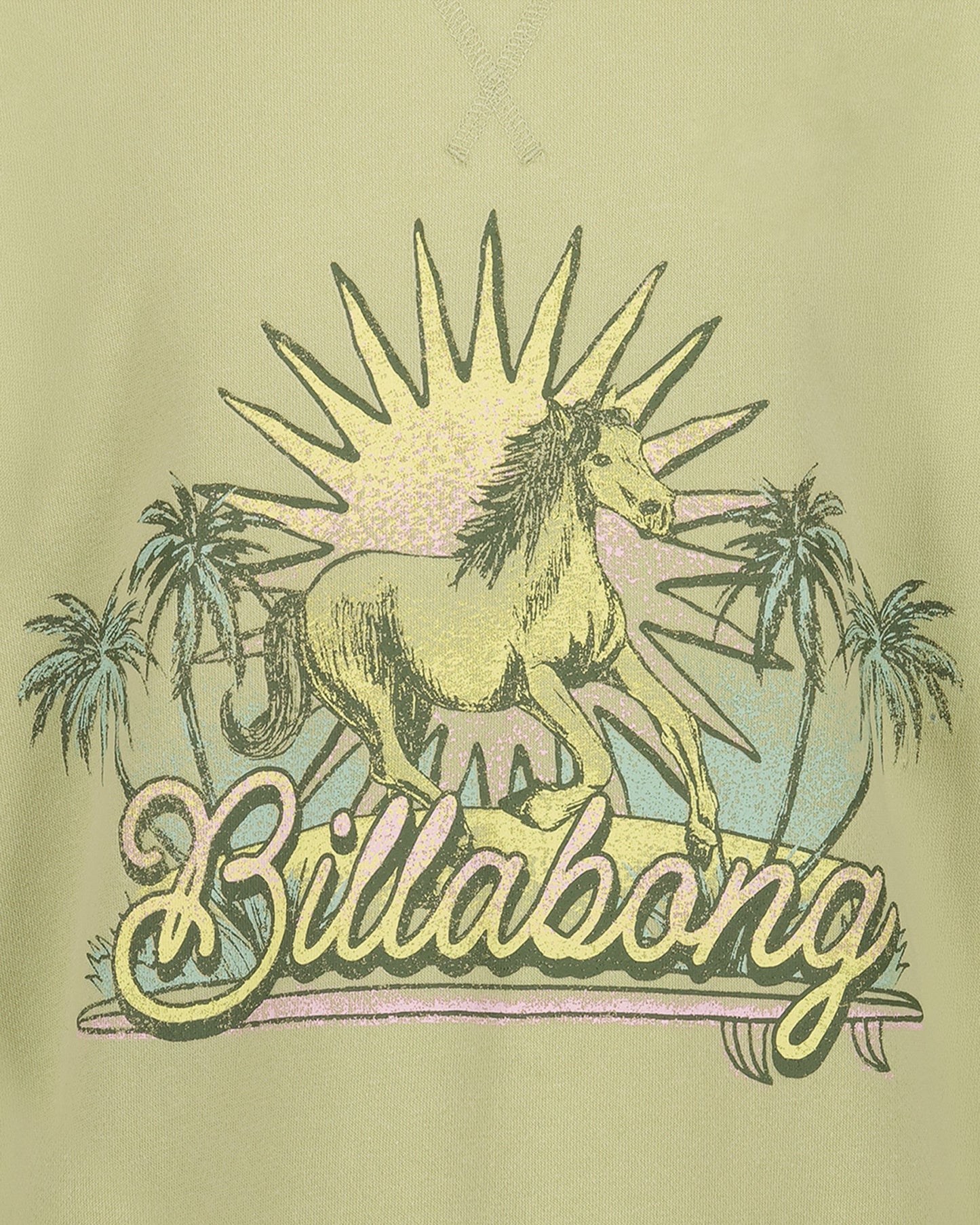 Billabong logo with a unicorn and palm trees on a light green background