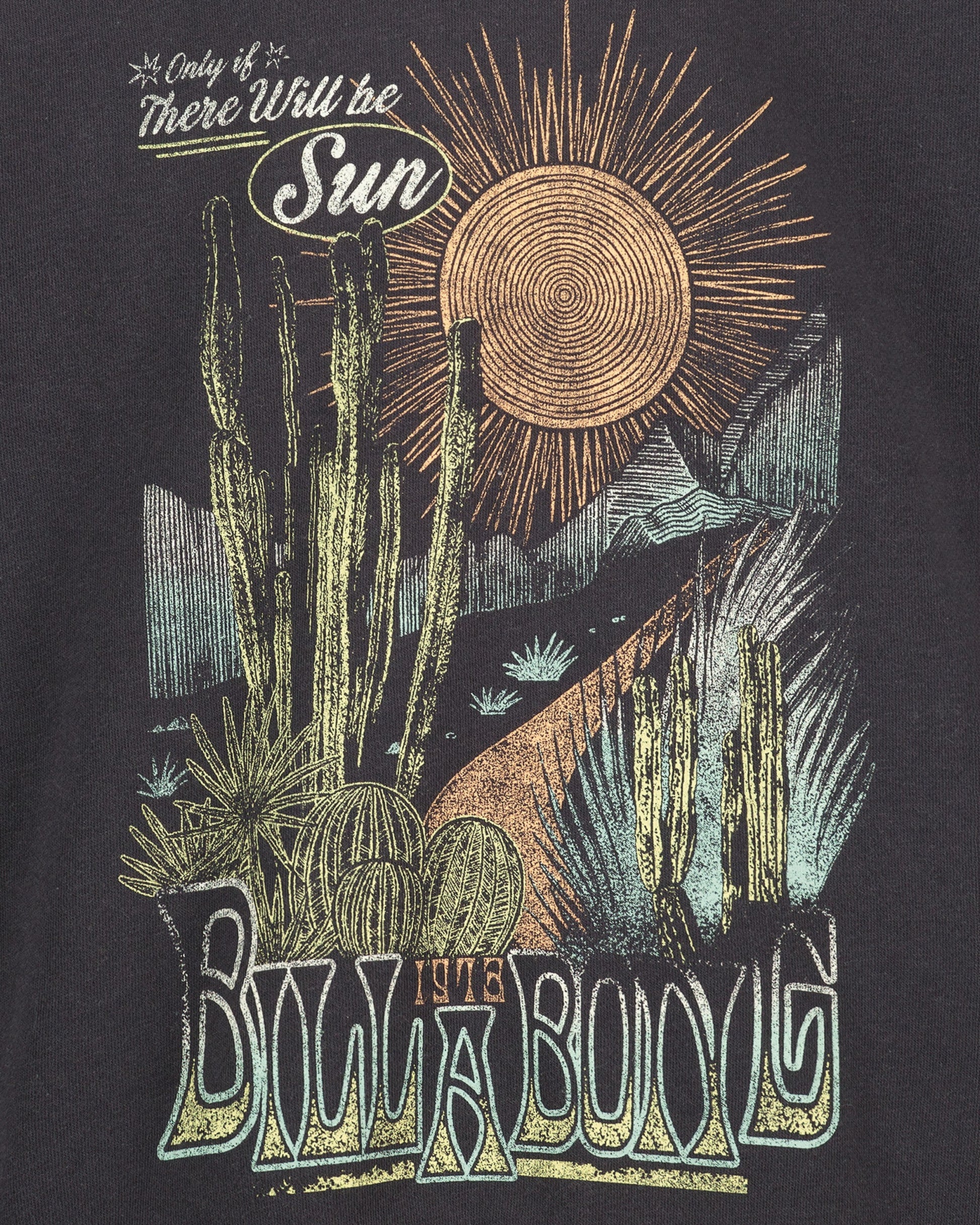 T-shirt design with desert landscape, sun, and 'Billa Bonyis' text on a black background
