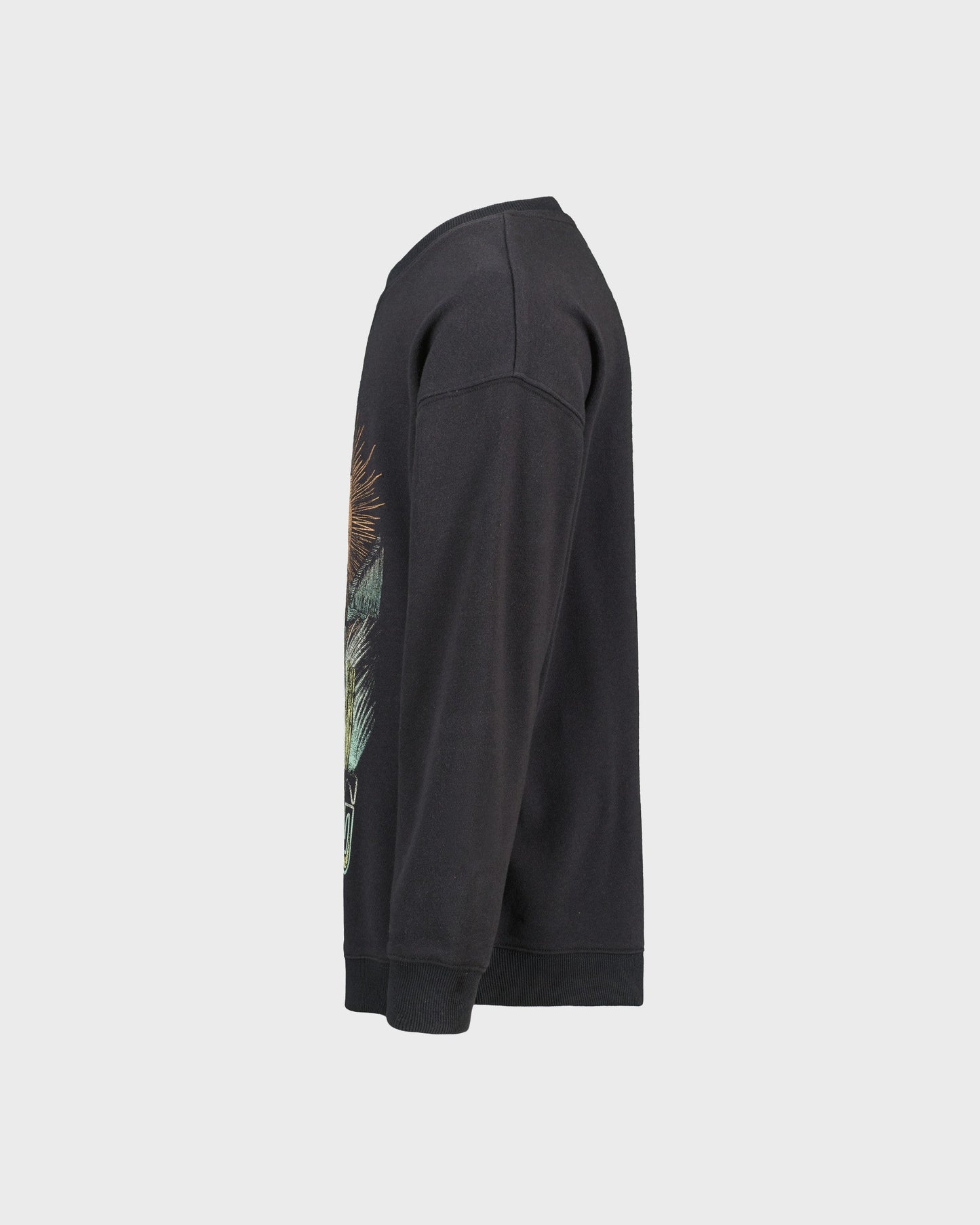 Black hoodie with a colorful graphic on the sleeve against a light gray background